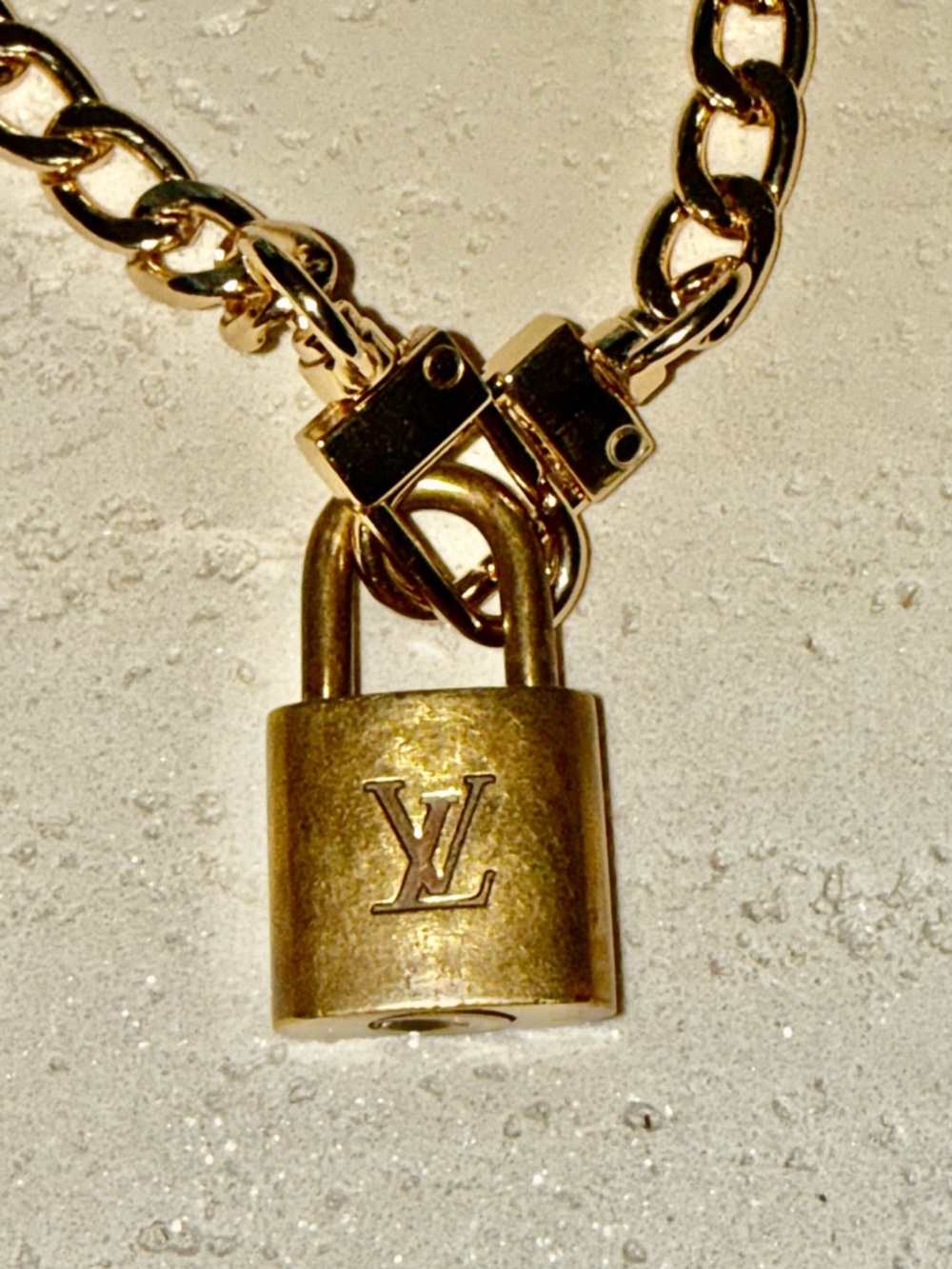 Authentic Louis Vuitton Gold Padlock Necklace (#320) with Non Branded Chain 16”